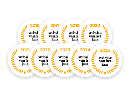 Set van negen ronde badges met de titel “Website van het jaar”, met jaartallen 2016, 2017, 2018, 2020, 2021, 2022, 2023, 2024 en 2025.
